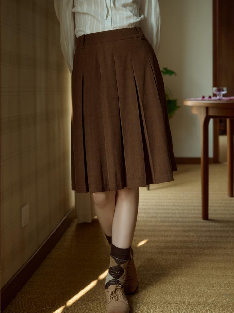 SR_Corduroy pleated skirt_BROWN