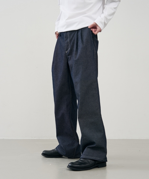 [Non fade] Straight wide two tuck banding denim pants [BLACK]