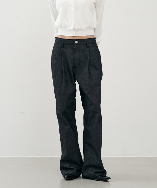 [Non fade] Straight wide two tuck banding denim pants [BLACK]