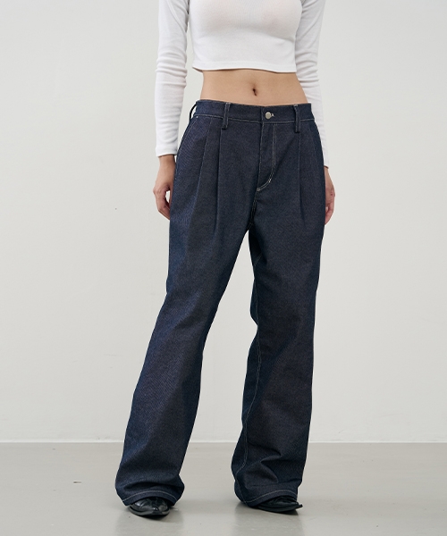 [Non fade] Straight wide two tuck banding denim pants [BLACK]