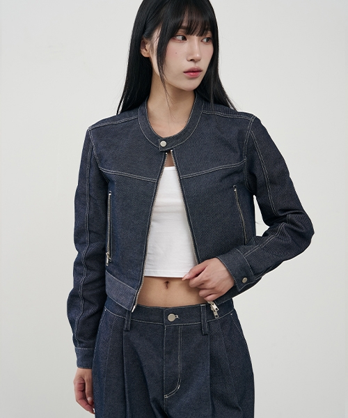 [Non fade] Vertical biker crop denim jacket [BLACK]