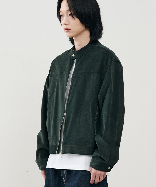 Vertical biker crop corduroy jacket [GREEN]