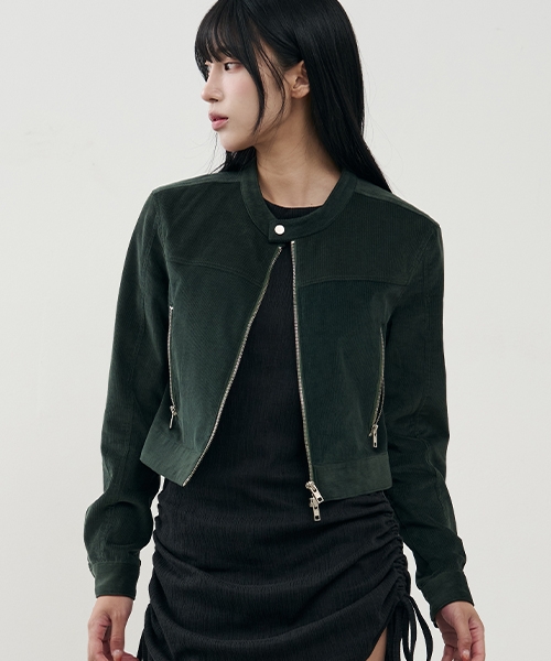 Vertical biker crop corduroy jacket [GREEN]