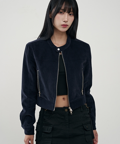 Vertical biker crop corduroy jacket [GREEN]