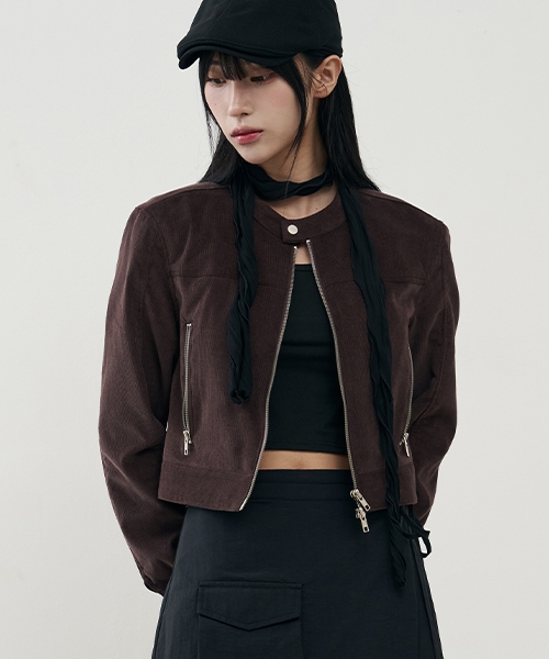 Vertical biker crop corduroy jacket [GREEN]