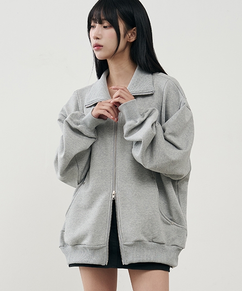 Comfy rivet high neck sweats zip-up [GRAY]