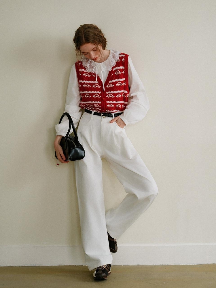 Cest_One tuck wide white pants