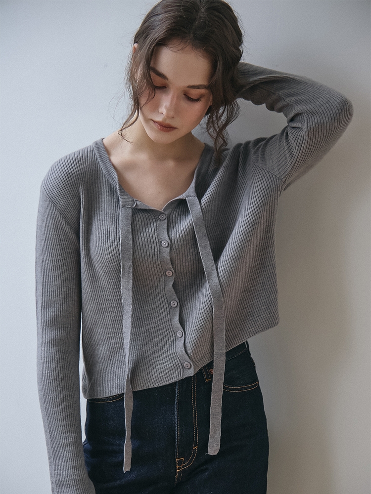 RIBBON TIE KNIT CARDIGAN_GREY