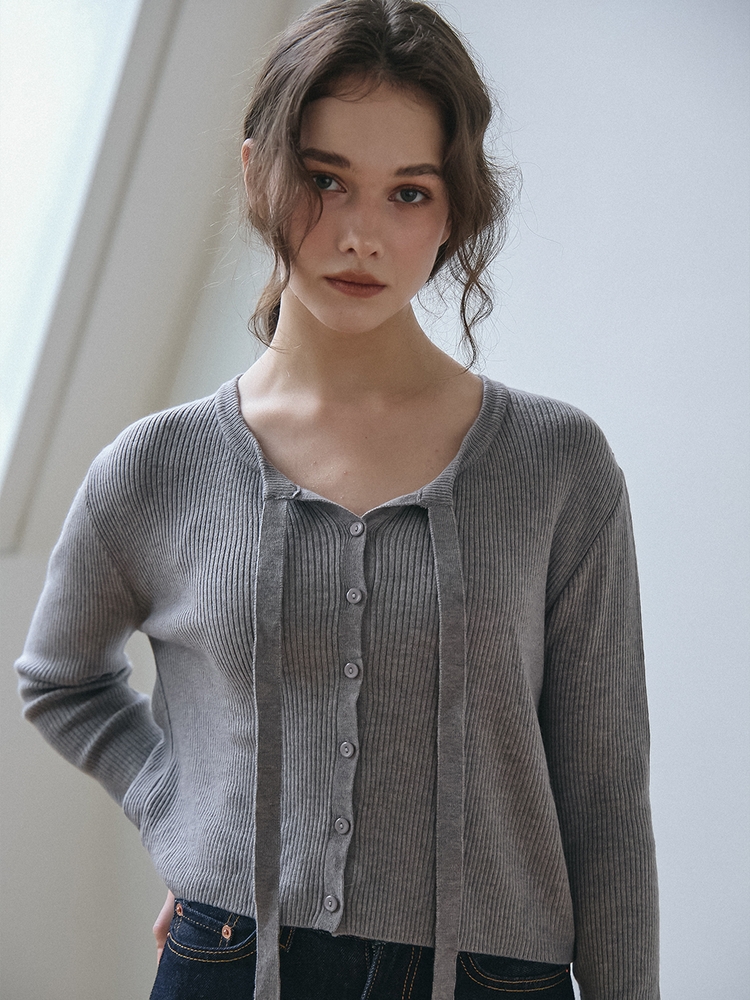 RIBBON TIE KNIT CARDIGAN_GREY