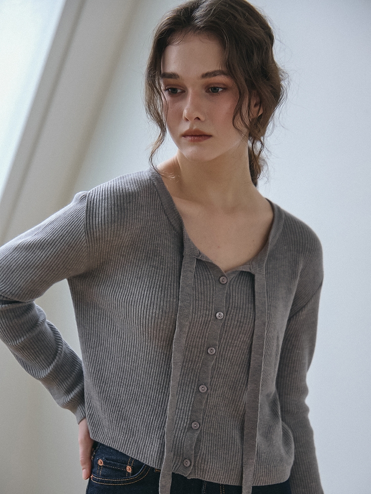 RIBBON TIE KNIT CARDIGAN_GREY