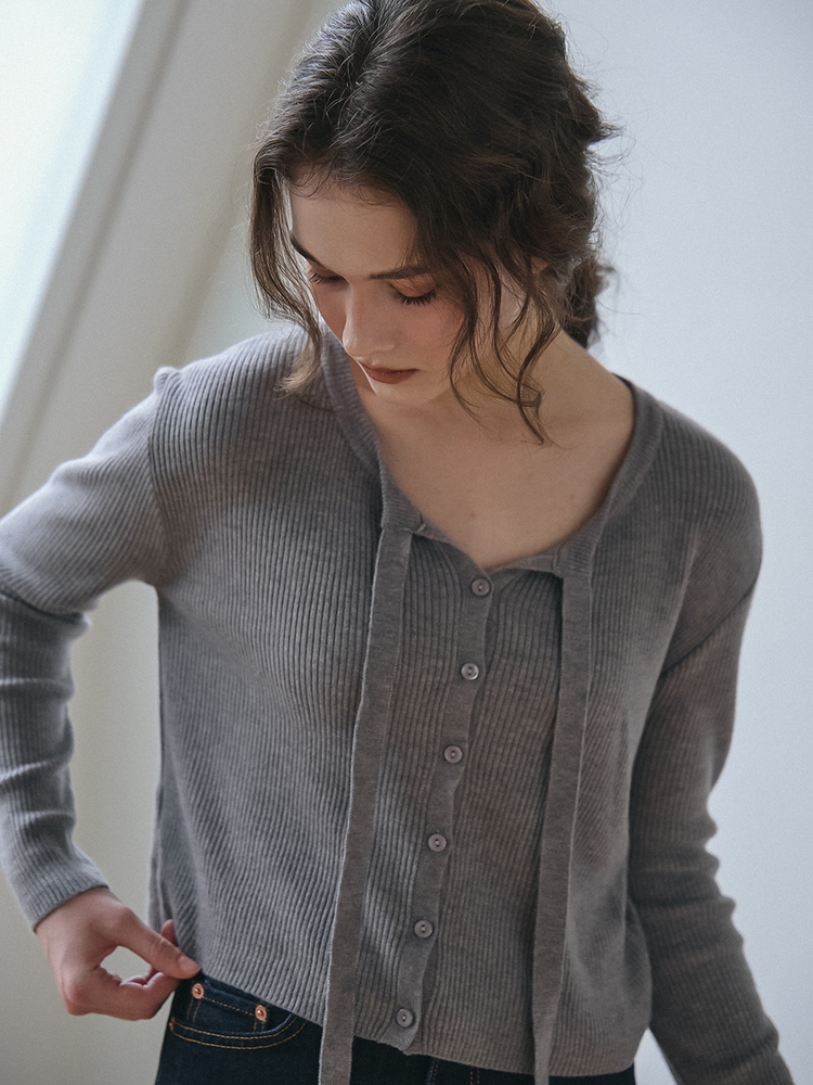 RIBBON TIE KNIT CARDIGAN_GREY