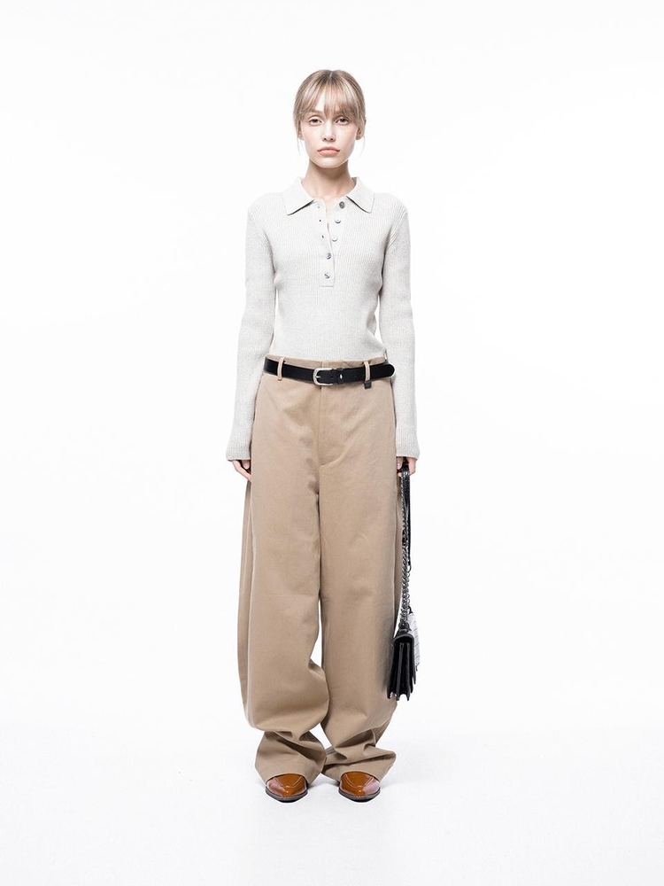 Side Tuck Wide Cotton Slacks - Beige /M243PT04BEW