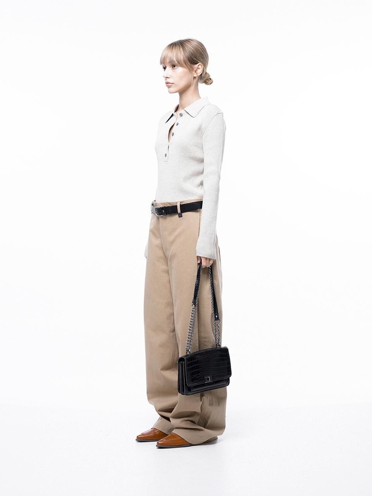 Side Tuck Wide Cotton Slacks - Beige /M243PT04BEW