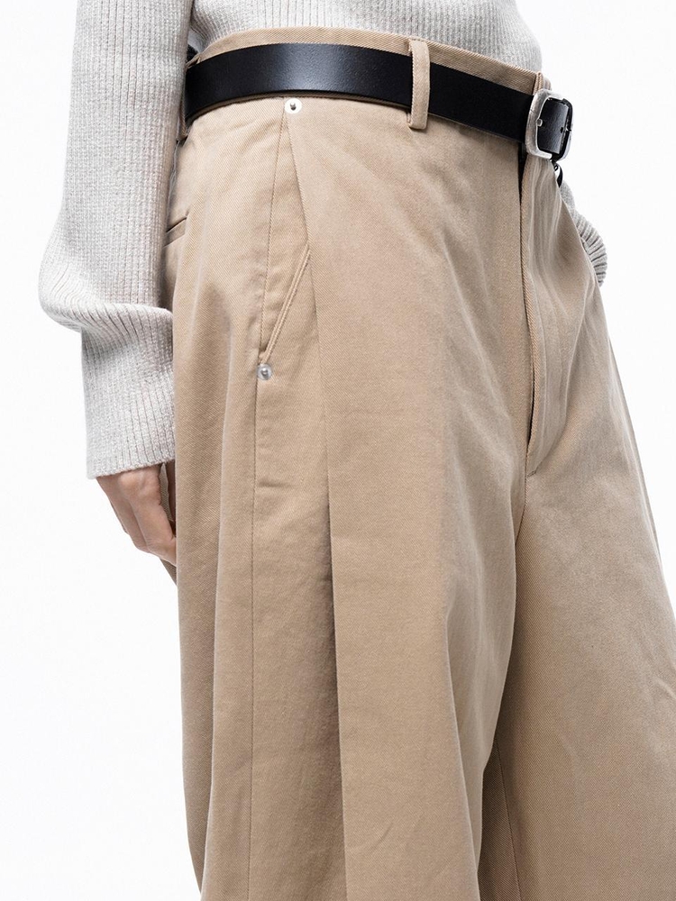 Side Tuck Wide Cotton Slacks - Beige /M243PT04BEW