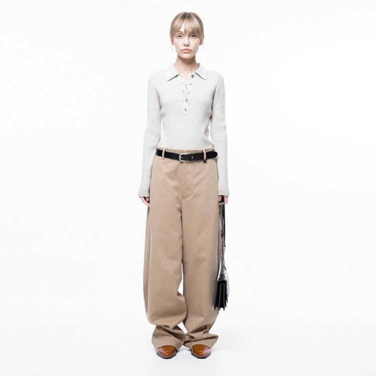 Side Tuck Wide Cotton Slacks - Beige /M243PT04BEW