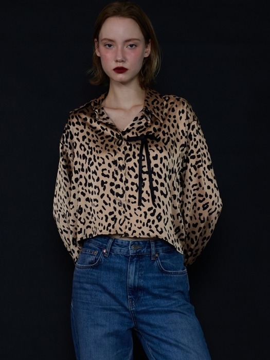 Leopard Satin Ribbon Shirts - Brown