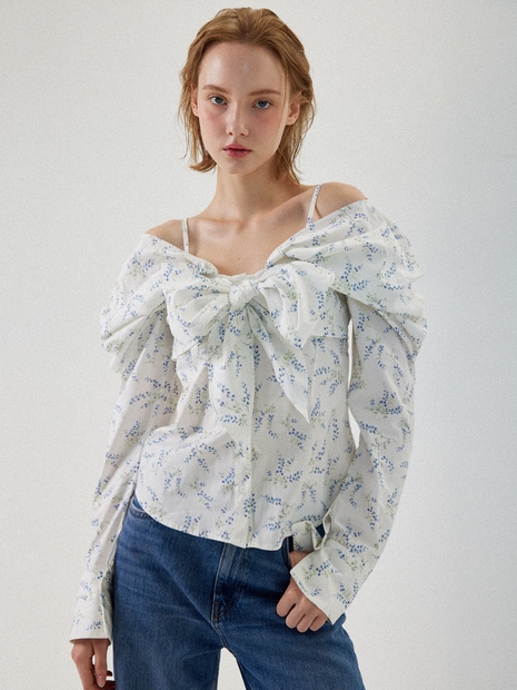 Nala Ribbon Off-Shoulder Blouse - White Flower