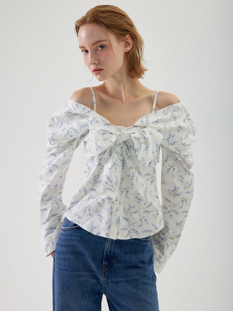 Nala Ribbon Off-Shoulder Blouse - White Flower