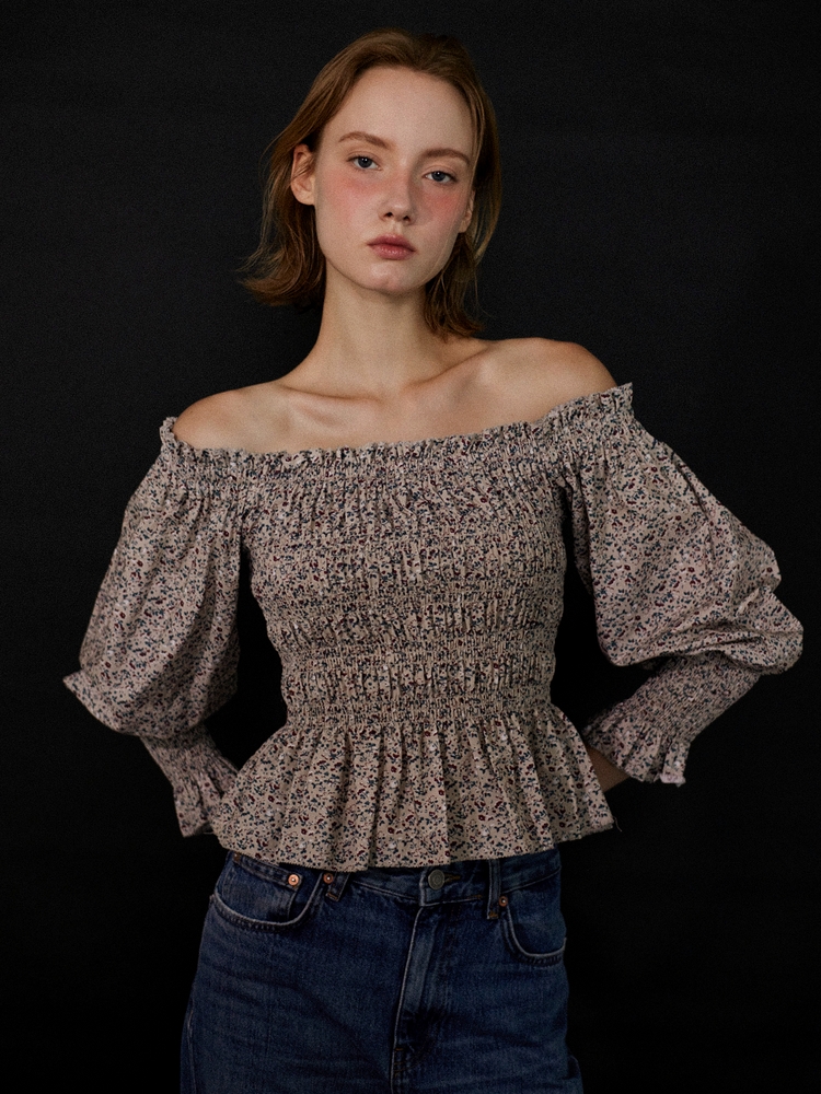 Ellie Off-Shoulder Smocked Blouse - Beige