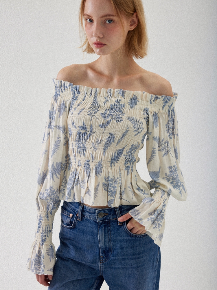 Ellie Off-Shoulder Smocked Blouse - White Flower