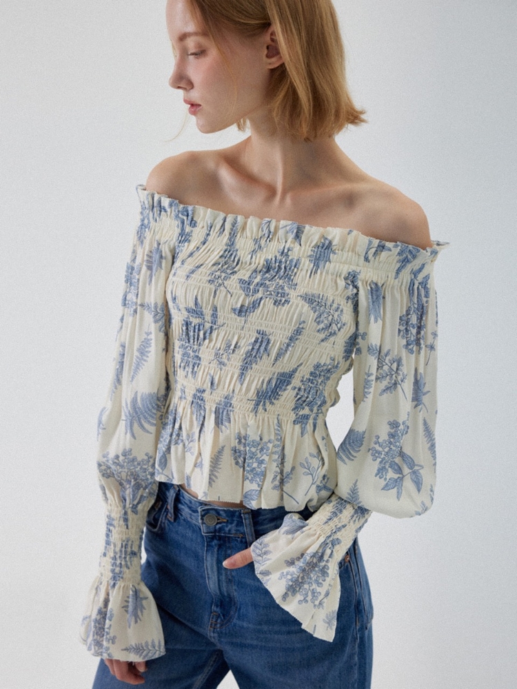 Ellie Off-Shoulder Smocked Blouse - White Flower