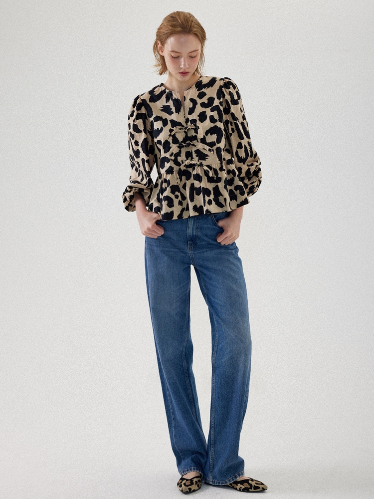 Julie Puff Long Sleeve Blouse - Leopard Beige