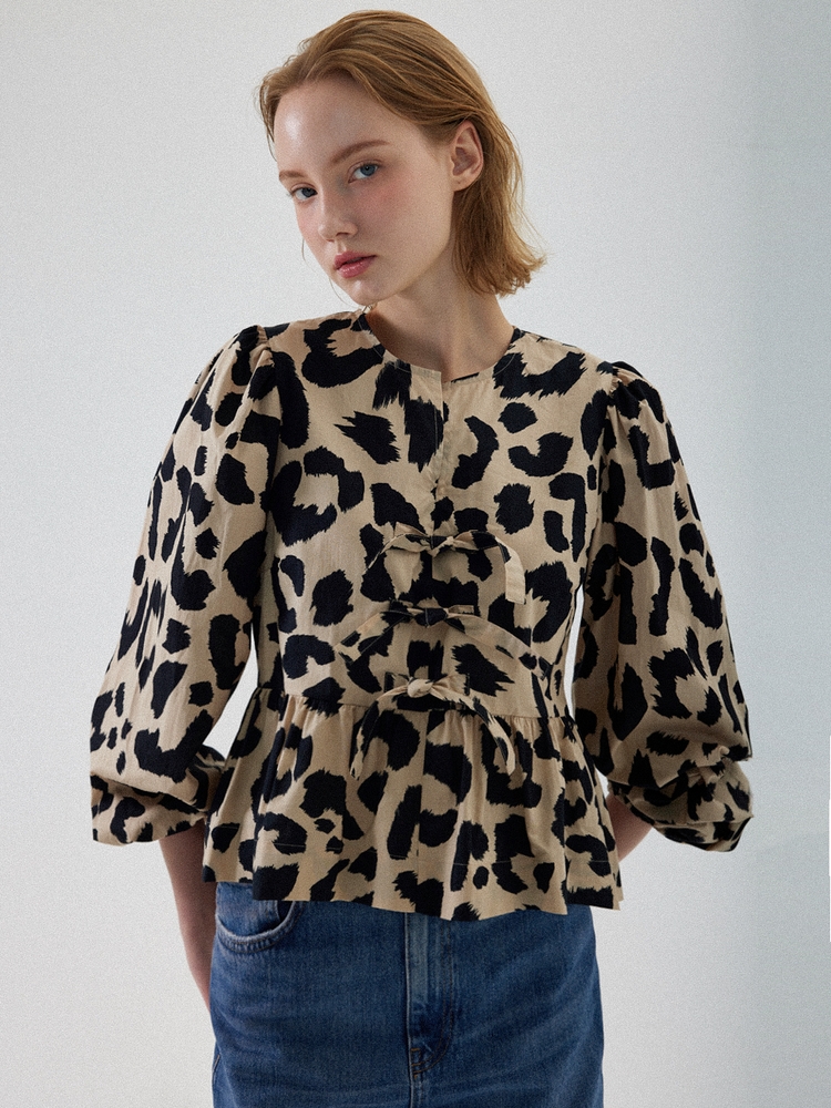 Julie Puff Long Sleeve Blouse - Leopard Beige