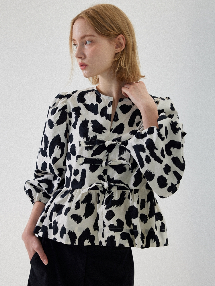 Julie Puff Long Sleeve Blouse - Leopard White