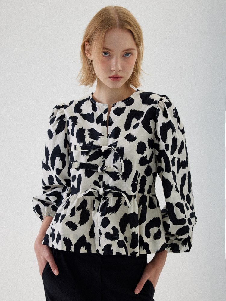 Julie Puff Long Sleeve Blouse - Leopard White