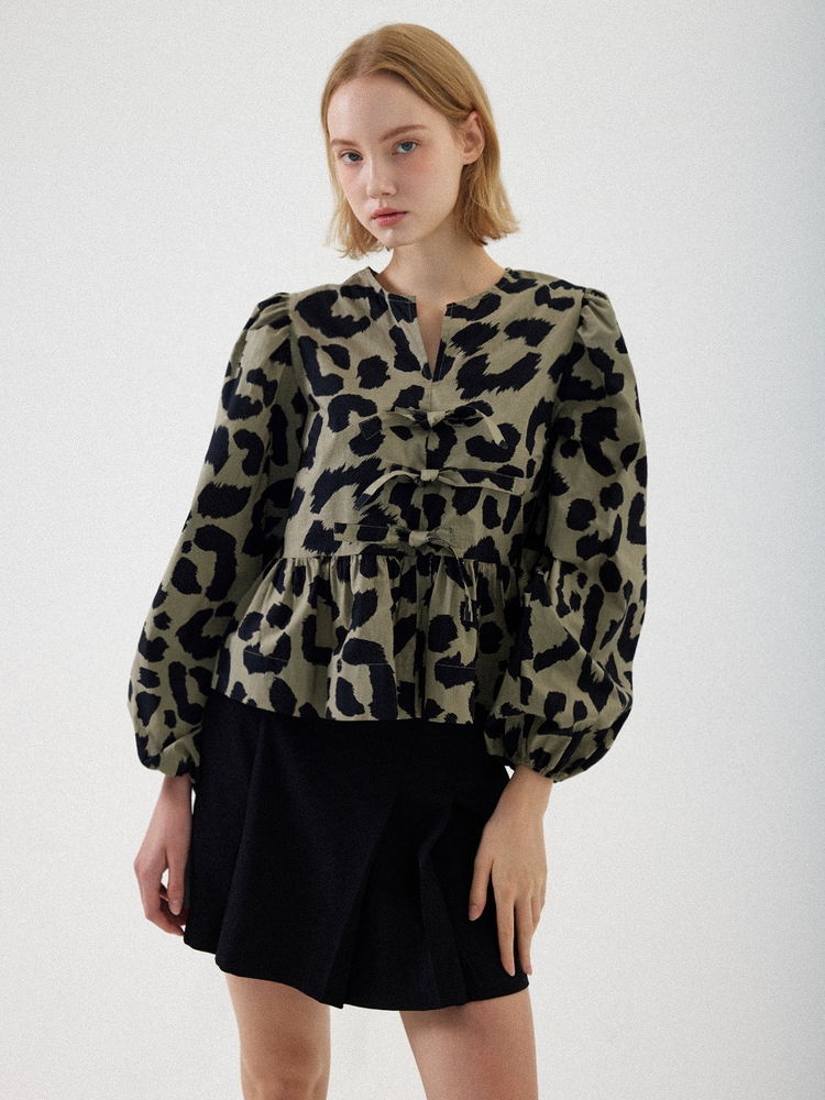 Julie Puff Long Sleeve Blouse - Leopard Olive