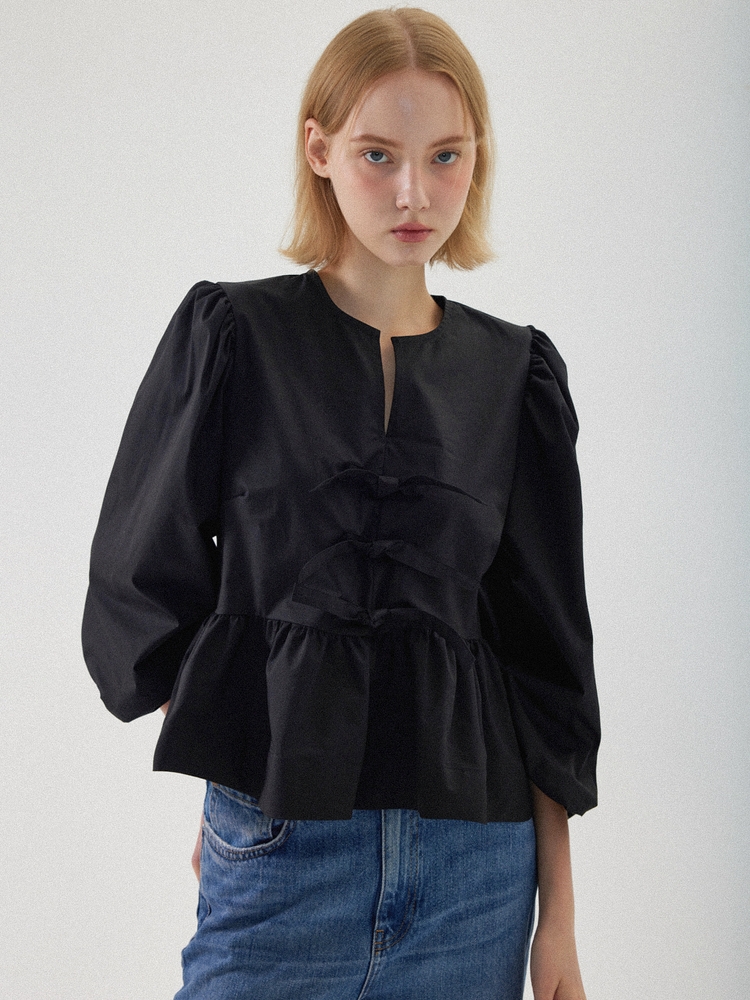 Julie Puff Long Sleeve Blouse - Black