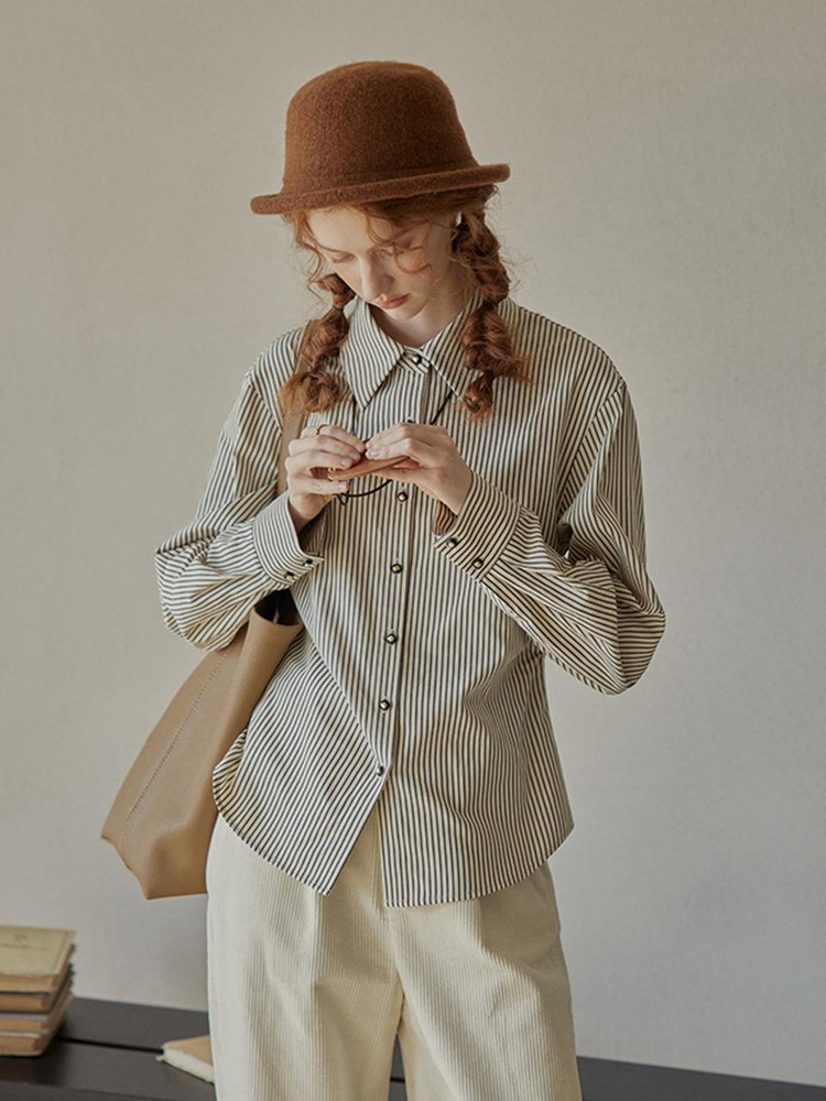 PM_Sleeve wrinkle point striped shirt