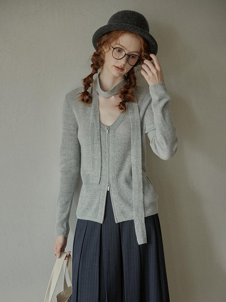 PM_Muffler zipper knit cardigan_GRAY