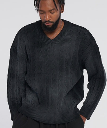 Dirty Spray V-Neck Twisted Knitwear_Black