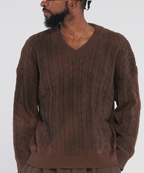  Dirty Spray V-Neck Twisted Knitwear_Brown