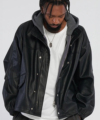 Layered Hooded Leather Jumper_Black