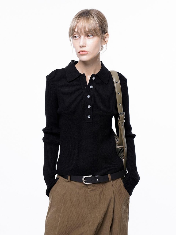 Soft Slim Button Collar Knit - Black /W243TP08BK