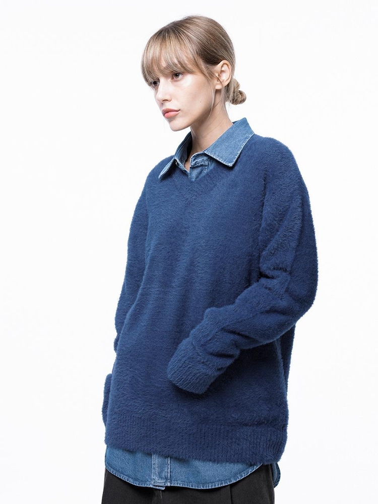 Soft Mohair Angora V-neck Knit - Blue /W243TP07BL