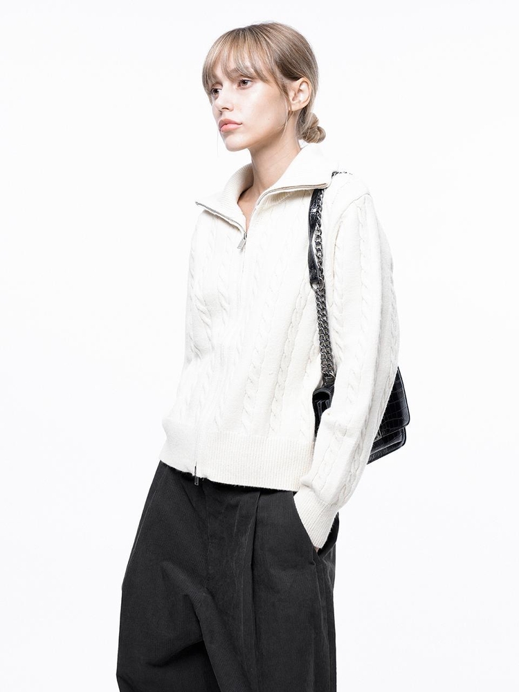 Soft Cable Zip-up Knit Cardigan - Ivory /W243TP03IV