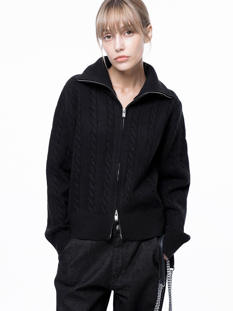 Soft Cable Zip-up Knit Cardigan - Black /W243TP03BK