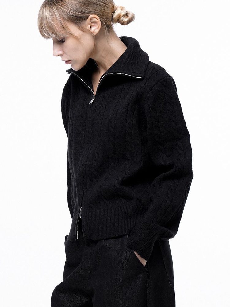 Soft Cable Zip-up Knit Cardigan - Black /W243TP03BK