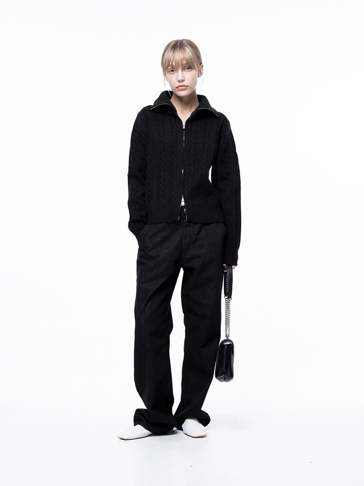 Soft Cable Zip-up Knit Cardigan - Black /W243TP03BK