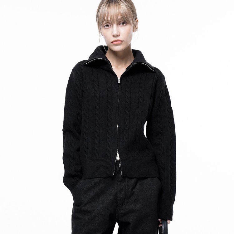 Soft Cable Zip-up Knit Cardigan - Black /W243TP03BK