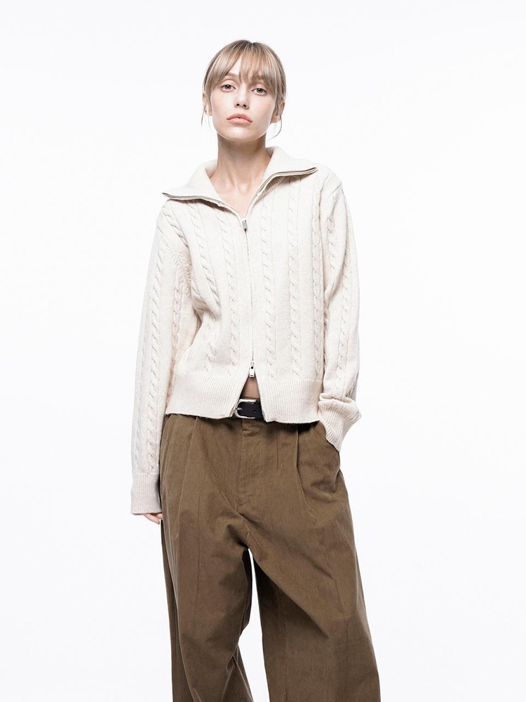 Soft Cable Zip-up Knit Cardigan - Oatmeal /W243TP03OT