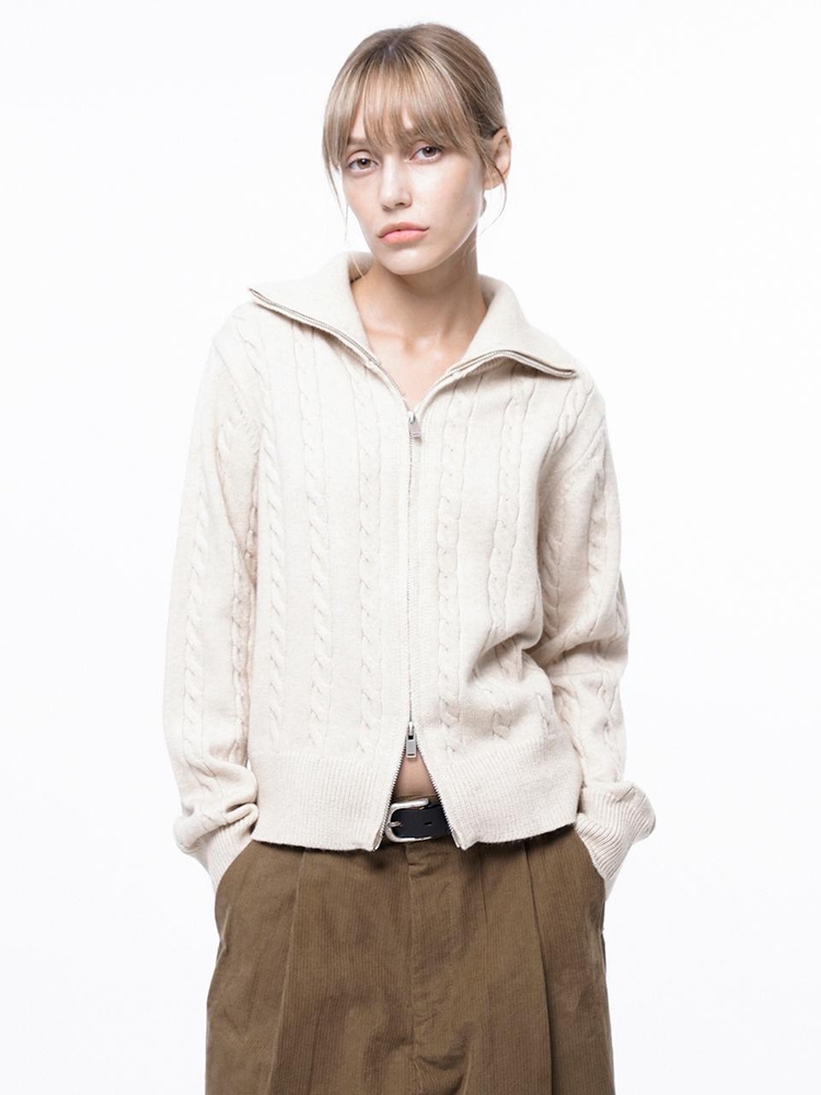 Soft Cable Zip-up Knit Cardigan - Oatmeal /W243TP03OT