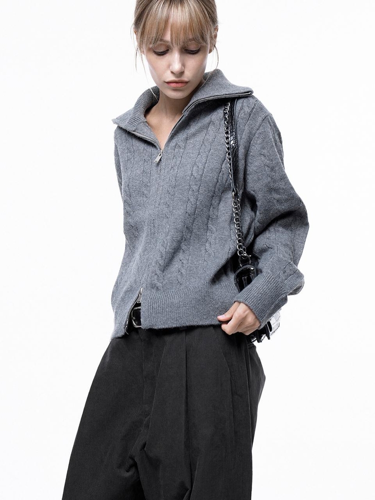 Soft Cable Zip-up Knit Cardigan - Gray /W243TP03GR