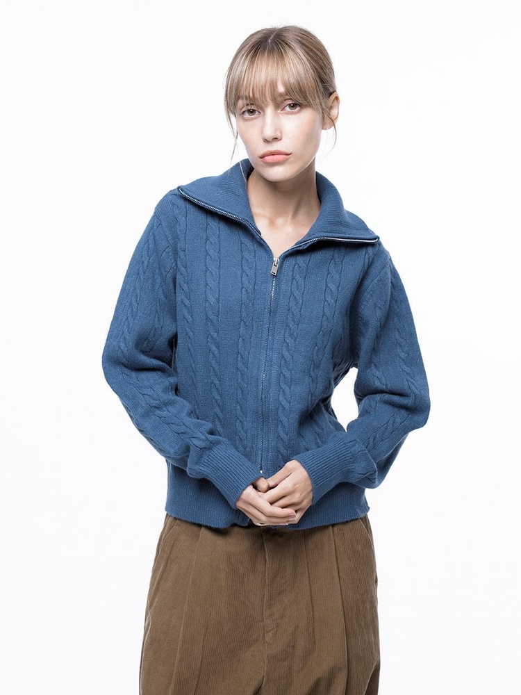 Soft Cable Zip-up Knit Cardigan - Blue /W243TP03BL