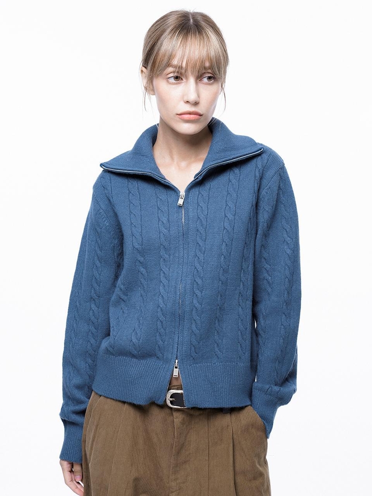 Soft Cable Zip-up Knit Cardigan - Blue /W243TP03BL