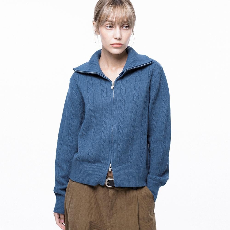 Soft Cable Zip-up Knit Cardigan - Blue /W243TP03BL