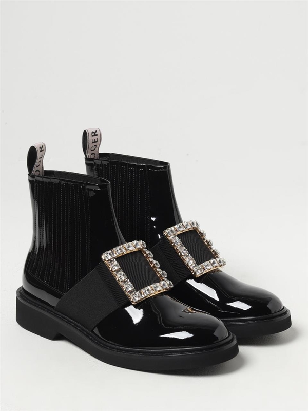 로저비비에 FW24 Roger Vivier Viv Rangers Patent Leather Ankle Boot with Jewel Buckle RVW54825210D1P B999 Black